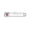 Sterling silver pin with Mom lettering and a red zircon heart charm on white background - Platinum Plated Red Zirconia