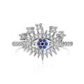 S925 Sterling Silber Ring Böser Blick mit blauen Zirkonia und Perlenband-Struktur - Einstellbar Offen / Böser Blick Offener Stil (DY121028-S-W-BA)