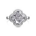 Exquisite S925 sterling silver four-leaf clover ring with white zircon halo setting - Size 6 / Ring (DY121034) / White Gold
