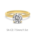 Classic S925 silver solitaire ring with 1.5ct golden finish and 5A 7.5mm cubic zirconia - Size 5 / 1.5 Carat Style (DY121325-S-K-WH) / Gold