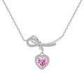 Elegante S925 Silberhalskette mit rosa Herzanhänger und Zirkonia-Schleife für Damen - Halskette (Weißgold DY190807-S-W-BF) / 925er Silber