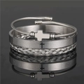 Silver stainless steel men's bracelet set with Lord's Prayer engraving and wire detailing - 3-Piece Set Silver