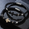 Men's leather braided cross beaded bracelet set with magnetic clasp in black and white - Cross Braided Set