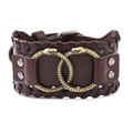 Brown leather wide bracelet with vintage gold interlocking snake motif and braided edges - Brown (PU Leather)