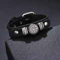 Herren Lederarmband mit Wikinger-Kompass-Symbol und silbernen Metallelementen in Schwarz - Schwarz