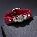 Vintage red leather tree of life bracelet with silver adjustable buckle for men and women - Red