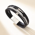 Bracelet multicouche en cuir noir pour femme avec rangées de cristaux et croix argentée - Noir