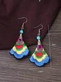 Detailed view of colorful ethnic embroidered fan earrings with turquoise beads and silver hooks - Colorful Embroidery (One Pair)