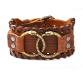 Retro brown leather wide wristband featuring antique bronze double snake head rings - Brown (Real Leather)