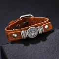 Brown leather tree of life bracelet with silver metal charms and adjustable buckle - Brown