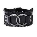 Men's wide black leather cuff bracelet featuring embossed silver snake decorations - Black (Real Leather)