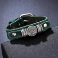 Vintage dark green leather bracelet with tree of life metal charm and adjustable strap - Green