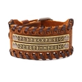 Vintage Viking wide brown leather bracelet with rune metal plates and braided edges - Genuine Leather Brown