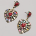 Vintage baroque heart drop earrings with colorful rhinestones and gold hollow metalwork - Vintage Multicolor Rhinestone Heart Earrings (AE061)