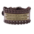 Vintage dark brown braided leather cuff bracelet with Nordic rune metal plates - Synthetic Leather Brown