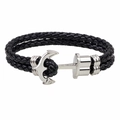 Men's black braided leather bracelet with a polished silver metal anchor clasp - Black
