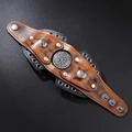 Vintage Viking leather bracelet with Vegvisir compass and engraved metal rivets - Compass