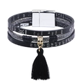 Multi-layer black PU leather bracelet with gold skull charm and tassel, magnetic buckle - Black