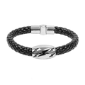 Bracelet homme en cuir tressé noir avec motif éclair argenté et fermoir magnétique - Noir