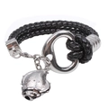 Men's nautical black braided leather bracelet with silver conch pendant and ring clasp - Black
