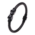 Men's black braided leather bracelet featuring double skull charms and magnetic clasp - Black Black Skull
