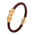 Men's braided dark brown leather bracelet with golden skull accents and magnetic clasp - Brown Gold Skull