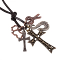 Vintage punk ketting met bronzen schedel-, kruis- en schaarhangers op een leren koord - Antiek Brons