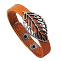 Vintage brown leather wristband with antique silver hollow leaf charm and snap button - Light Yellow