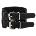 Large bracelet vintage en cuir noir avec deux boucles argentées et un design punk - Noir