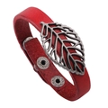 Vintage red leather bracelet with hollow metal leaf charm and adjustable snap buttons - Red