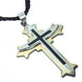 Collar clásico con colgante de doble cruz en oro y plata con cordón trenzado negro - QNN4015 Dorado