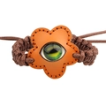 Ethnic woven leather bracelet with orange petal detail and green evil eye bead - Orange Floral Style (ZPS4)