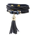 Bracciale multistrato in pelle nera vintage con ciondolo a nappa e perline metalliche - Nero