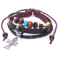Bracciale multistrato in pelle con croce, corde cerate e perle di legno vintage - Marrone