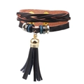 Bracciale multistrato in pelle nera stile boho con perline blu e ciondolo con nappa - caffè