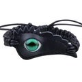 Black leather bracelet with woven cord and green dragon eye charm in a punk style - Black