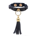 Chique zwarte leren choker met gouden ring en lange franjes in punk modieuze stijl - Zwart