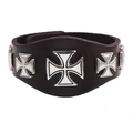 Gothic Punk Lederarmband mit drei silbernen eisernen Kreuzen auf breitem Lederband - Eisernes Kreuz Stil / Kaffee & Antiksilber