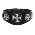 Punk black leather wristband with silver metal cross studs on a clean white background - Iron Cross Style / Black + Antique Silver