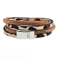 Leopard print leather wrap bracelet with sparkling gold rhinestones and silver clasp - Coffee
