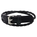 Minimalist double-wrap black braided PU leather bracelet with silver belt buckle clasp - Black