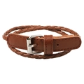 Brown braided PU leather double-wrap bracelet featuring a silver belt buckle clasp - Coffee