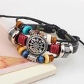 Bohemian multi-layer leather bracelet with colorful beads and vintage sun metal charm - Black