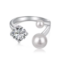S925 sterling zilveren bypass open ring met zircon en twee witte parels in luxe stijl - Verstelbaar Open / Witgoud