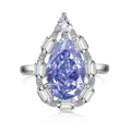 Luxurious S925 silver ring featuring a large pear-cut purple zircon with side baguette stones - US 6 / White Gold Tone Sea Blue