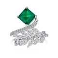 S925 sterling silver emerald ring with leaf zircon accents on a clean white background - US 6 / White Gold