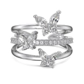 Elegante anello a tre strati in argento 925 con farfalle e zirconi scintillanti - Aperto Regolabile / Oro Bianco Con Zirconia Bianca