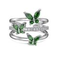 Anello in argento S925 a più strati con pietre verdi e design a farfalla - Aperto Regolabile / Placcato Platino Zirconia Verde