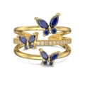 Anello a tre strati con farfalle dorate e pietre blu con zirconi bianchi scintillanti - Aperto Regolabile / Placcato Oro Zirconia Blu