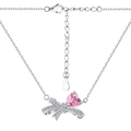 Halskette aus S925 Silber mit rosa Herzstein und Kristallschleife-Anhänger an Kette - Schleife Herz Halskette (DY190681) / Rosa